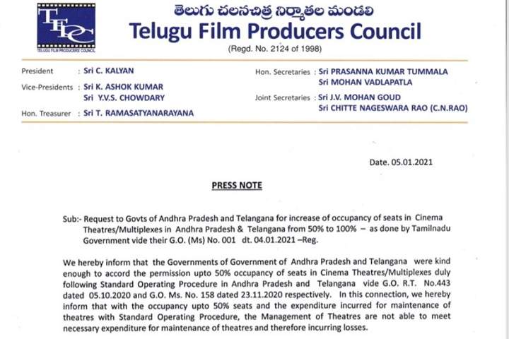 Telugu Film Producers Council Requests For 100% Occupancy in...